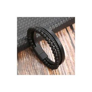 Bracelet cuir et pierres agates noires